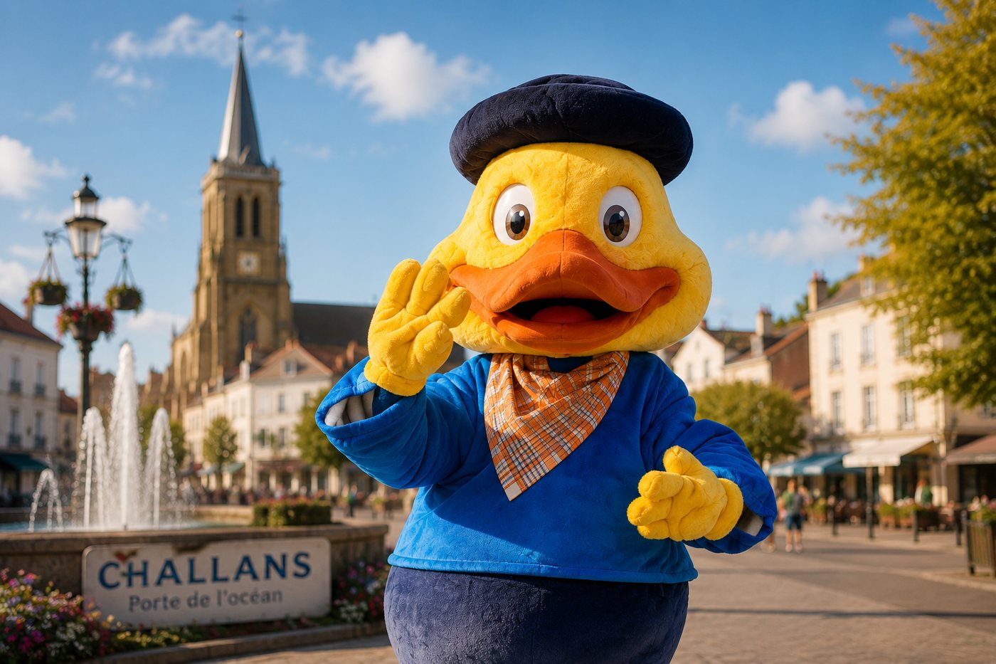 Le canard de Challans, mascotte de la ville, salue sur la place centrale