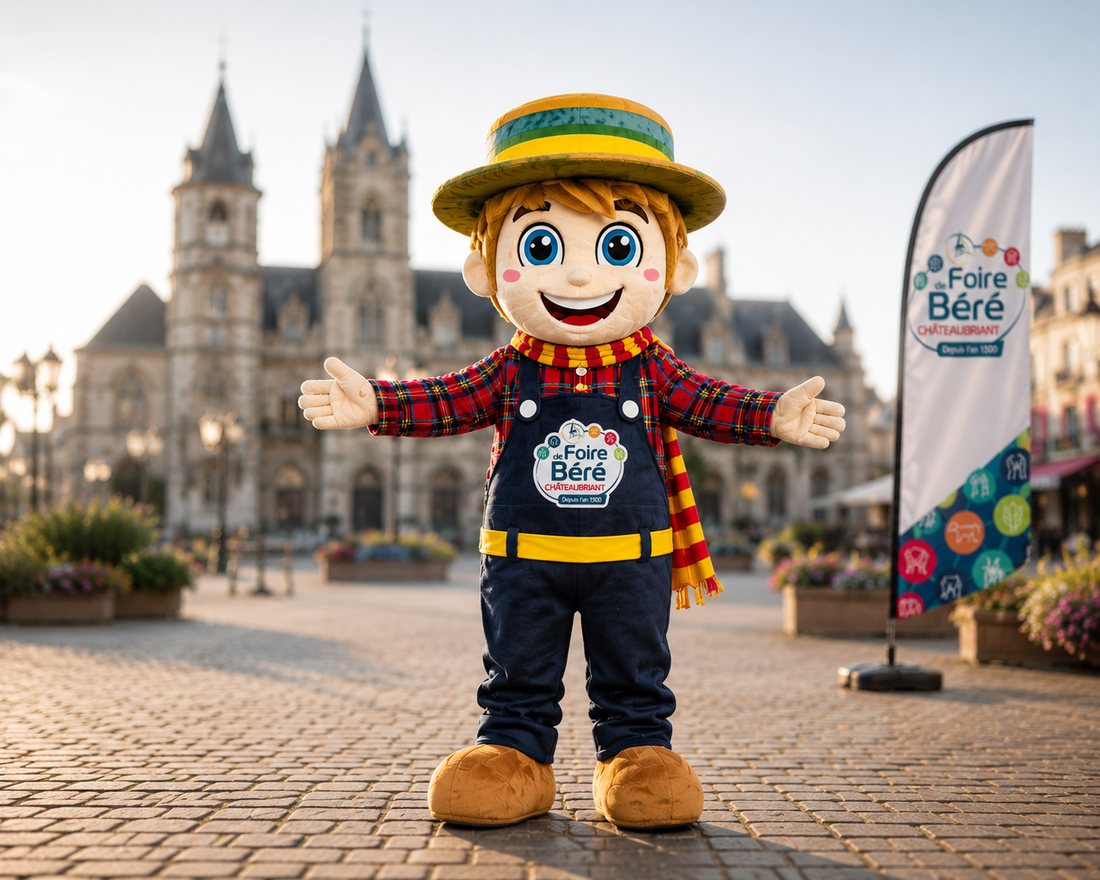 Le gars de Béré, chapeau de paille et chemise à carreaux, bras ouverts