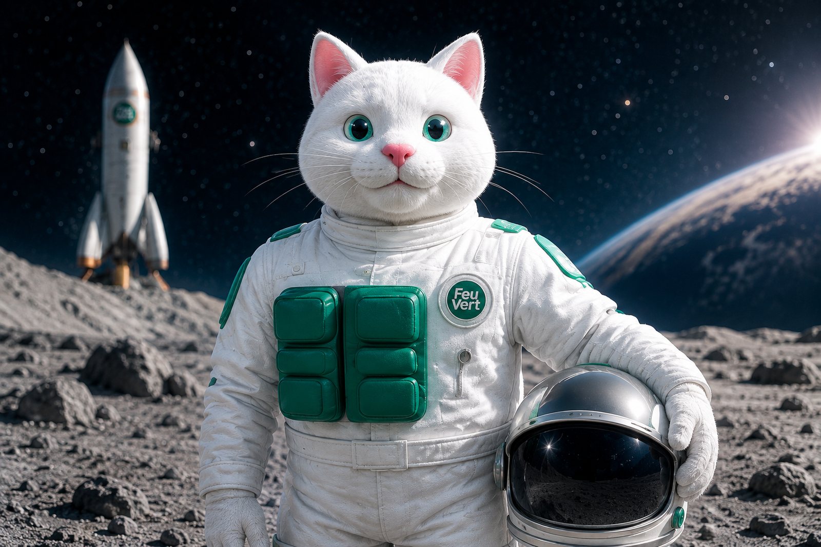 Ramsès, le chat astronaute de Feu Vert, casque à la main